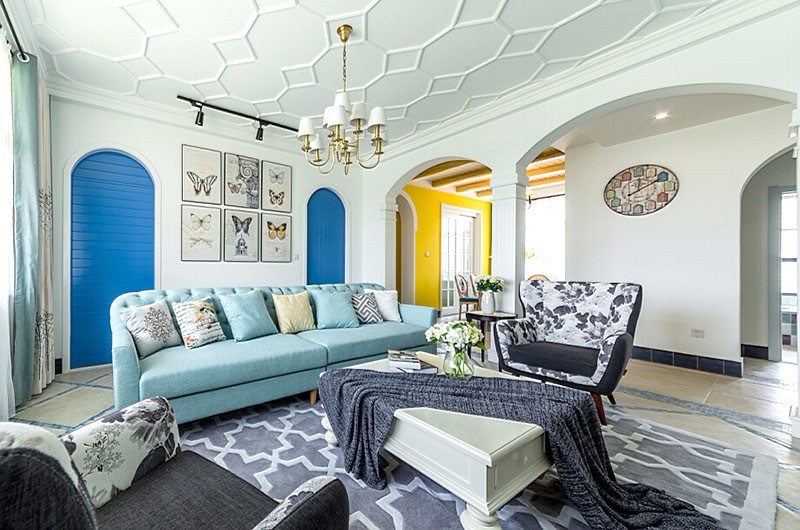 蓝色世界地中海风格130平米四居室客厅背景墙装修效果图