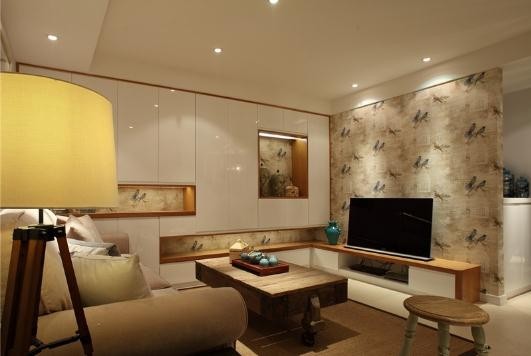 简约质朴美式风格90平米公寓客厅电视背景墙装修效果图