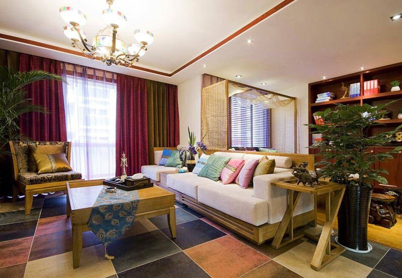 自然清新的东南亚风格90平米二居室客厅装修效果图