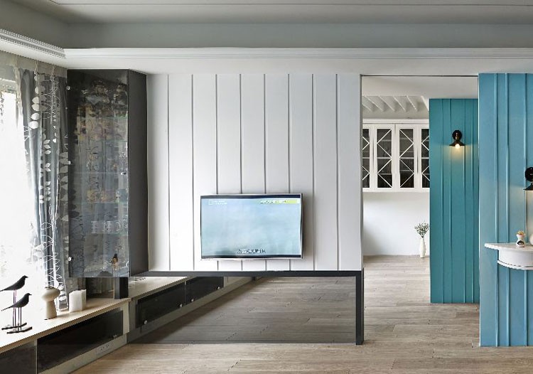 水蓝现代简约风格100平米三居室客厅电视背景墙装修效果图