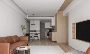 105m²白色+原木色的极简配色客厅装修效果图