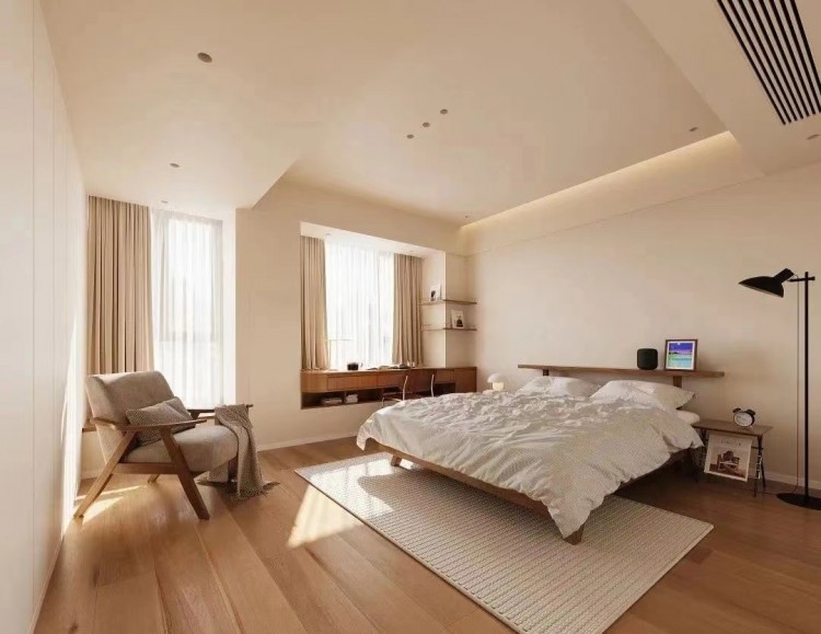 现代简约原木风大平层卧室装修效果图