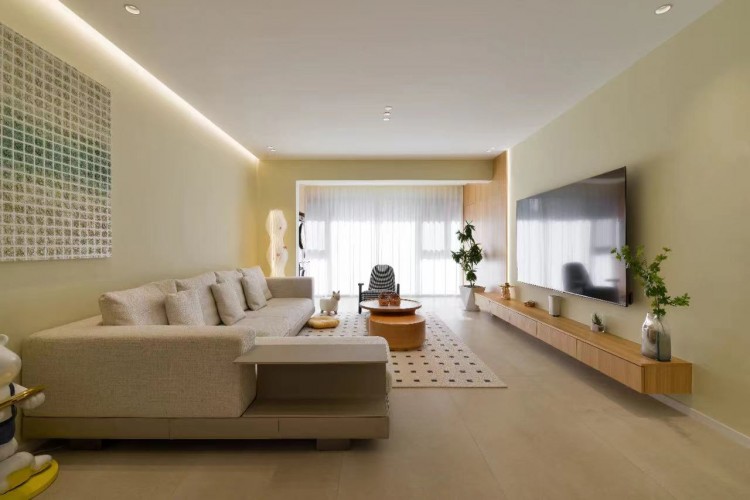 现代极简原木风两居室客厅装修效果图