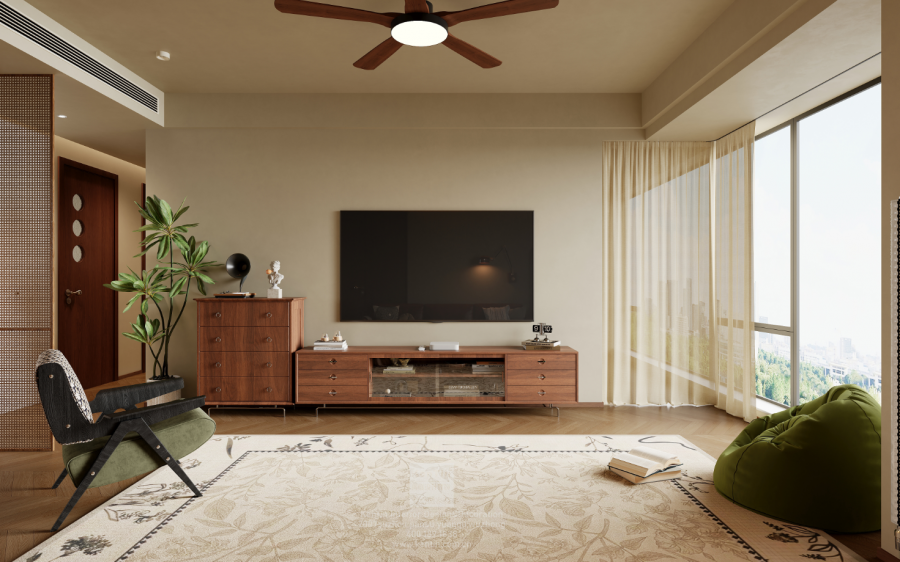 自由水岸中古风三居室客厅装修效果图